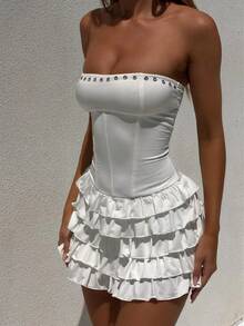 Women Y2K Strapless Short Dress Backless Tube Ruched Ruffle Mini Dress Floral Flowy Sleeveless Bodycon Sundress - White - View 4