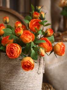 1 pièce Fleur artificielle réaliste en PU ressemblant à de la soie avec 4 fausses roses roses et blanches - Décoration de maison de style ferme moderne pour mariage, Pâques, fournitures de fête de printemps - Décoration de chambre, salon, jardin et mur de style vintage pour l'automne