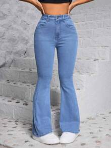 Jeans Acampanados de Alta Elasticidad para Mujer en Azul Lavado con Bolsillos Laterales con Solapa - Ajuste Cómodo, Denim Rasgado y Elegante para Uso Casual - Azul - Ver 6
