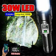 30W大功率手电筒 时尚TYPE-C充电 大容量 超长续航 持久LED照明 可视数字电量显示 超亮1000米探照灯 户外夜钓夜行登山探险救援应急灯 - 黑色 - 查看 5