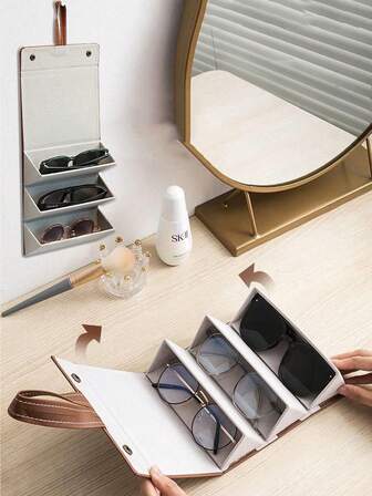 3 槽旅行眼镜盒，可折叠悬挂眼镜太阳镜收纳架收纳盒，PU 皮革眼镜架