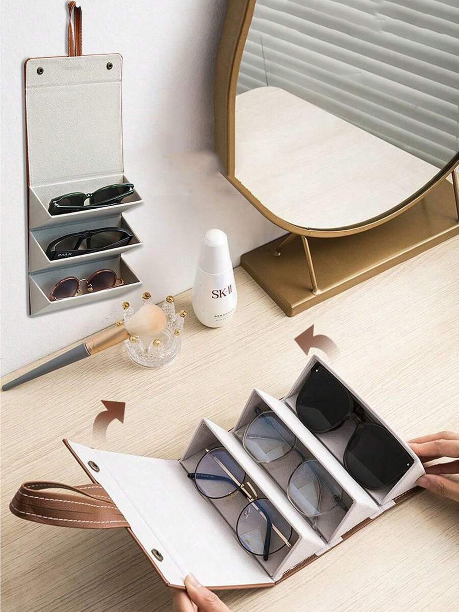 3 槽旅行眼镜盒，可折叠悬挂眼镜太阳镜收纳架收纳盒，PU 皮革眼镜架 - 棕色 - 查看 1