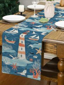 1pc Ocean Theme Turtle, Shell, Coral, Lighthouse Printed Table Runner, Kitchen Dining Room Decor, Holiday Decorative Table Runner, Home Party Decor, Home Decor, Scenic Decor, Outdoor Dining Table, Coffee Table Decorative Flag