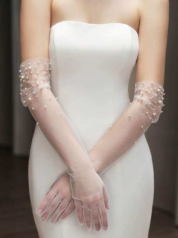 1 Pair Women's Long Beaded Mesh Gloves, Elegant White Long Bridal Wedding Party Photo Accessory, Bridal Wear. Versatile To Match With Wedding Dress Autumn Accessories