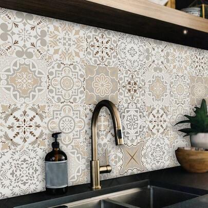 16pcs Floral Pattern Faux Ceramic Tile Wall Stickers, Elegant PVC Self-Adhesive Removable Flat Wall Paper, Suitable For Home, Kitchen, Room, Wall Decor
