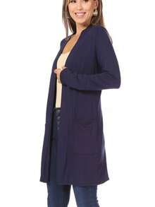 Classic Open Front Long Sleeve Cardigan With Side Pockets  Plain  Casual    Pocket      Daily - 藏蓝色 - 查看 3