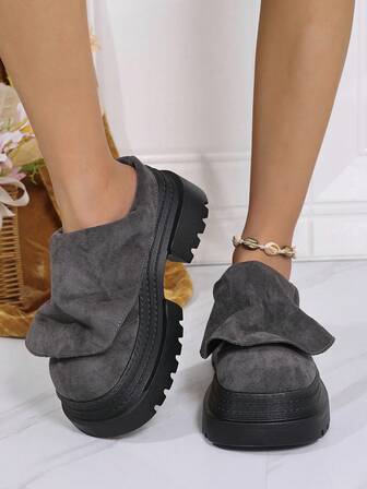 Women's Ruffle Trim Thick Sole Slip-On Mule Shoes, Casual & Comfortable Solid Color Platform Shoes