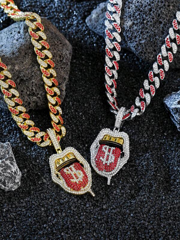 1 Stück coole, glänzende Hip-Hop-Schmuckuhr Y2K lustiger Dollar-Zungen-Anhänger-Halskette, modischer personalisierter Straßen-Rapper-Schmuck für Männer
