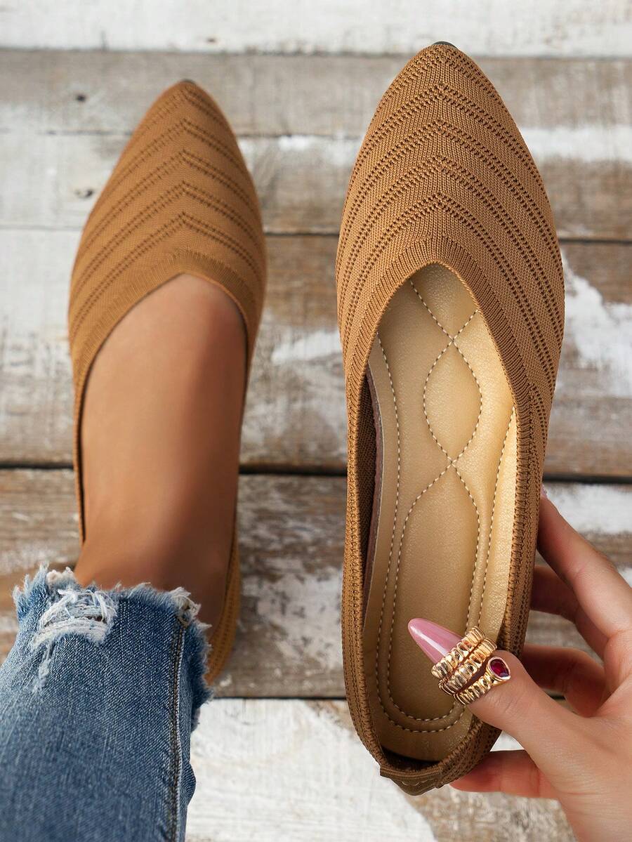 Zapatos planos de mujer con punta puntiaguda de punto, zapatos planos versátiles de unicolor con diseño slip-on casual - Chocolate - Ver 1