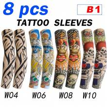 8 件装纹身袖套 - 无缝透气臂套，适合骑行和驾驶 | 防晒降温尼龙面料袖套，覆盖手臂，仿纹身臂套，秋季服装，万圣节装扮，黑色臂套，男士礼物