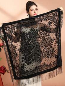 新款复古丝绒提花流苏方巾，优雅腰果色提花围巾，适合日常旗袍、晚礼服、空调房披肩和节日礼物。 - A - 查看 10