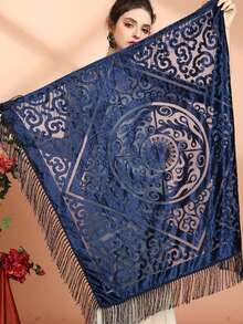 新款复古丝绒提花流苏方巾，优雅腰果色提花围巾，适合日常旗袍、晚礼服、空调房披肩和节日礼物。 - A - 查看 8