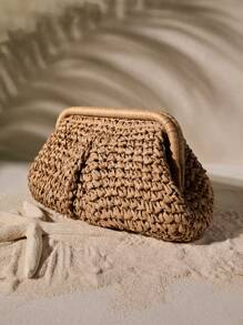 Tropiscape Bolsa de paja con diseño fruncido, bolsos esenciales para mujer para vacaciones y vacaciones, vibraciones de vacaciones, relajación en la playa, otoño