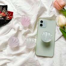 1 件贝壳手机支架，简约纯色闪光贝壳手机支架，可折叠伸缩，带指环，可爱女孩手机支架，兼容 、Android 手机，生日、家人、朋友礼物，推拉式手机握把，手机配件