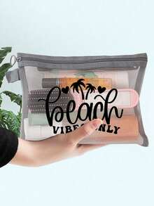 Maestra Mesh Cosmetic Bag Lipstick & Cushion Puff Storage Portable Make-Up Bag, Beach Letter Transparent Organizer Bag,Coconut Tree, Heart-Shaped Patternhanging Toiletry Bag,Clear Cosmetic Bag Travel Essentials Travel Accessories Travel Bag For Vacation Holiday Back To School School Stuff Glasses Case Sunglasses Women