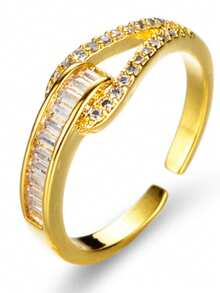 1pc Women's Premium Designed Zirconia Adjustable Open Ring With Inlaid Diamonds - Gold - View 6