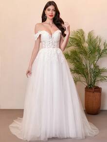 舞会礼服/公主款拖尾薄纱蕾丝婚纱，情人节 - 米色 - 查看 2