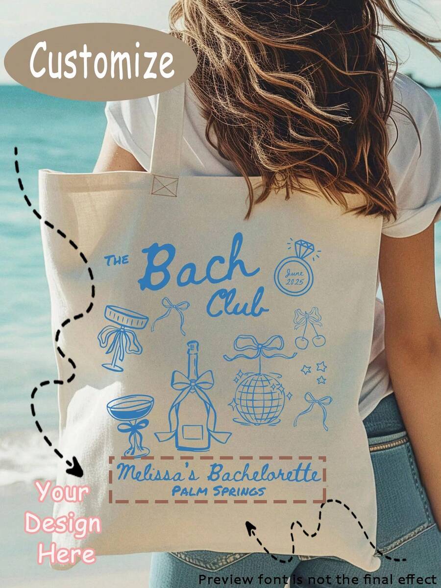 客製化單身派對帆布托特包 – 個性化 Bach Club 派對禮物,適合新娘與伴娘,伴娘派對伴手禮袋,女款肩背包,大容量,旅行收納,海灘使用,新娘婚前派對禮物 - 彩色 - 查看 1