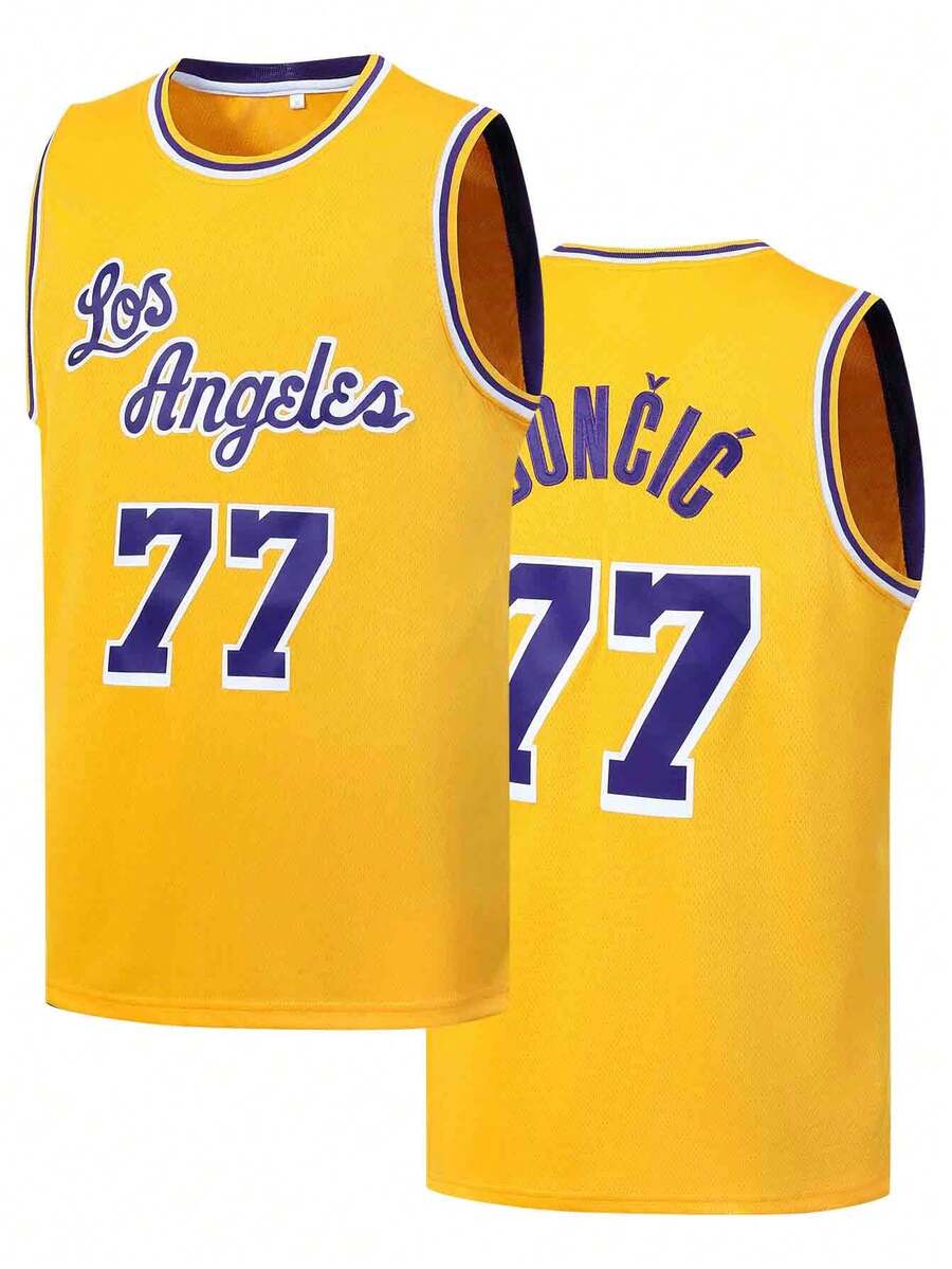 Atonmore Men's Basketball Jersey 77 Yellow Embroidered Stitching Basketball Tank Top, Sleeveless Sports Shirt - Yellow - View 1