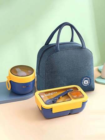 1pc Adult Plastic PP Square Bento Box With Lid, Cutlery, Dipping Sauce Dish, Multifunctional Portable Reusable Lunch Box With Optional Cup, Oatmeal Cup, And Insulated Lunch Bag With Zipper, Suitable For Office Workers, Students, Outdoor, Camping