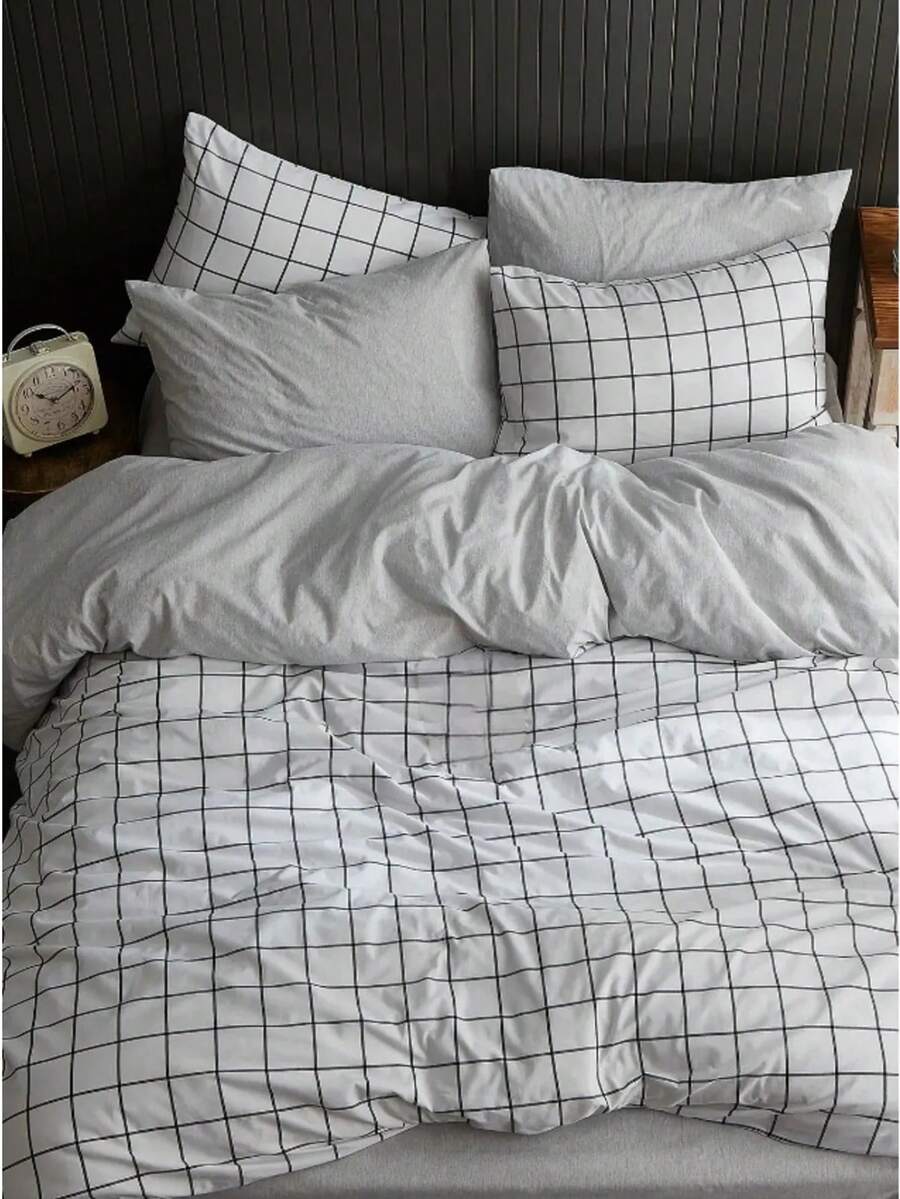 Soft Colours Duvet Cover And Pillowcase | Plaid Duvet Set | Turkish Cotton | 135x200 - 150x200 - 200x200 - 220x240 | - Black and White - View 1