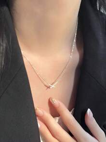 1pc Fashionable Geometric Line Design Pendant Necklace, Suitable For Women's Daily Wear - Silver - View 3