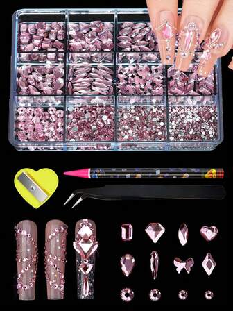 12 st rosa platta nagelkonststranspar, asymmetriska transparenta kristallstranspar med pickupverktyg, lämpliga för nagelkonstdekor och accessoarer