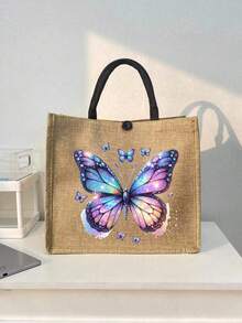 2 Pieces Pink Butterfly Print Tote Bag Set,Durable Jute With Stylish Pattern, Including Handy Coin Purse, Perfect For Shopping, Travel & Beach Adventures,Multifunctional Women's Bag, Suitable For Daily, Travel, Shopping, Work, Gift Giving - Khaki - View 7