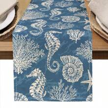 1pc Seahorse Print Table Runner, 4pcs Seahorse Print Placemats, Suitable For Festivals, Parties, Birthdays, Dinners, Kitchen & Dining Table Decor, Applicable All Year Round For Home Decoration And Textiles