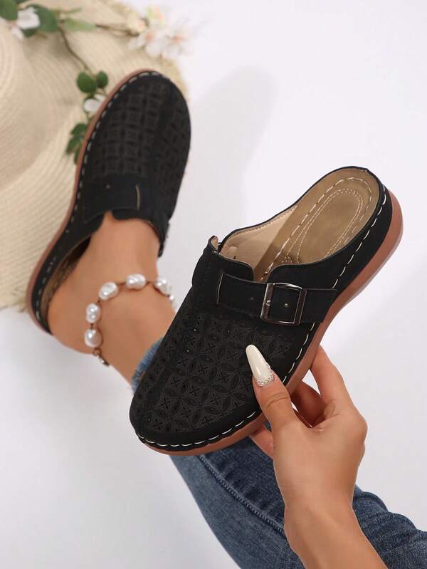 Plus Size Casual Closed Toe Platform Slip-On Slippers, Fashionable Hollow Bohemian Style Outdoor