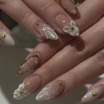 24 件/套法式杏仁形扎染白色底假指甲，带 3D 金色花朵和珠子装饰，全覆盖指甲片，适合女士和女孩，非常适合派对、约会、度假按压指甲美甲用品