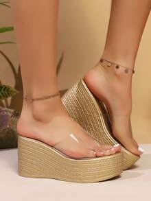 Women's Gold Thick Bottom Sandals, Transparent Lightweight & Comfortable Open Toe Wedge Sandals, Suitable For Summer,Travel Essential - Clear - View 4