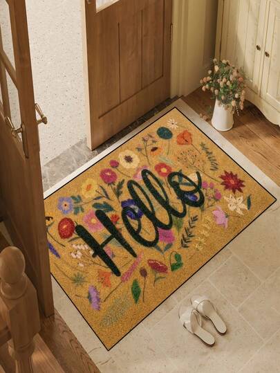 1pc Spring/Summer Floral Theme Welcome Mat | Durable Polyester Material | Non-Slip, Easy To Clean, Dirt-Resistant, Machine Washable | Indoor/Outdoor Entrance And Home Decor | Suitable For Room Decoration, Small Rug, Living Room Rug, Bedroom Rug, Kitchen Rug