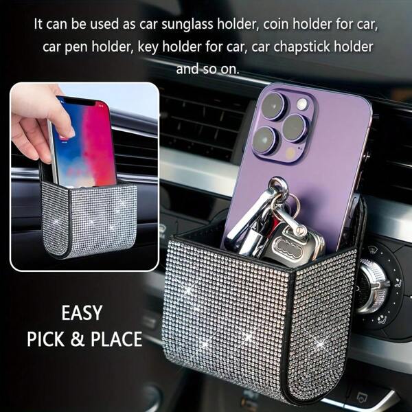 1pc Car Vent Storage Box, Car PU Leather Inlaid Diamond Pocket, Suitable For Shiny Car Accessories For Women Or Men, Multifunctional Car Sunglasses Holder