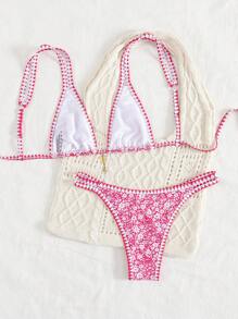 Women's Ditsy Floral Halter Hollow Back Boho Style Bikini Two Pieces Swimsuit, Spring/Summer