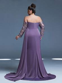 Mgiacy,New Arrival,Off Shoulder,Sequin,Elegant,Plus Size Evening Gown Dress,Float Piece,High Slit,Package Hip,Mermaid Hem Dress,FOR,Dinner Party - 紫色 - 查看 2