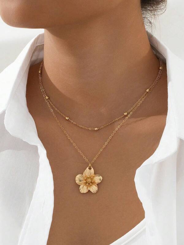 1 stuk tweelaagse gestapelde geplooide bloemenhangerketting, retro, high-end mode, veelzijdige, elegante temperamentvolle bloemblaadjesontwerpketting, geschikt voor dagelijks cadeau