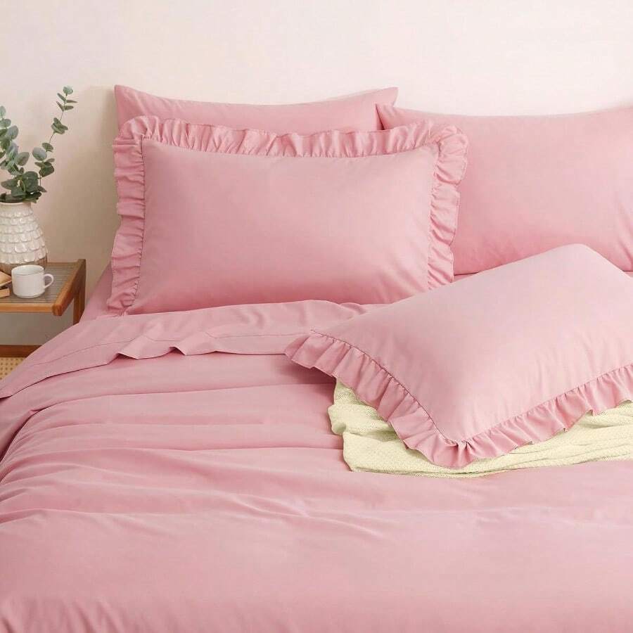 Dusty Pink Ruffle Sheets Twin Size 4 Piece Fits 16" Deep Mattress Microfiber Pink Twin Sheets With 1 Ruffled Pillowcases Shabby Chic Bed Sheet Set - DustyPink - View 1
