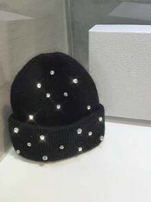 1顶男女通用手工针织帽，饰以水钻和兔毛，闪亮休闲针织帽，适合秋冬季节，圣诞礼物 - 手工兔子仿鑽石兔毛針織帽 - 查看 2