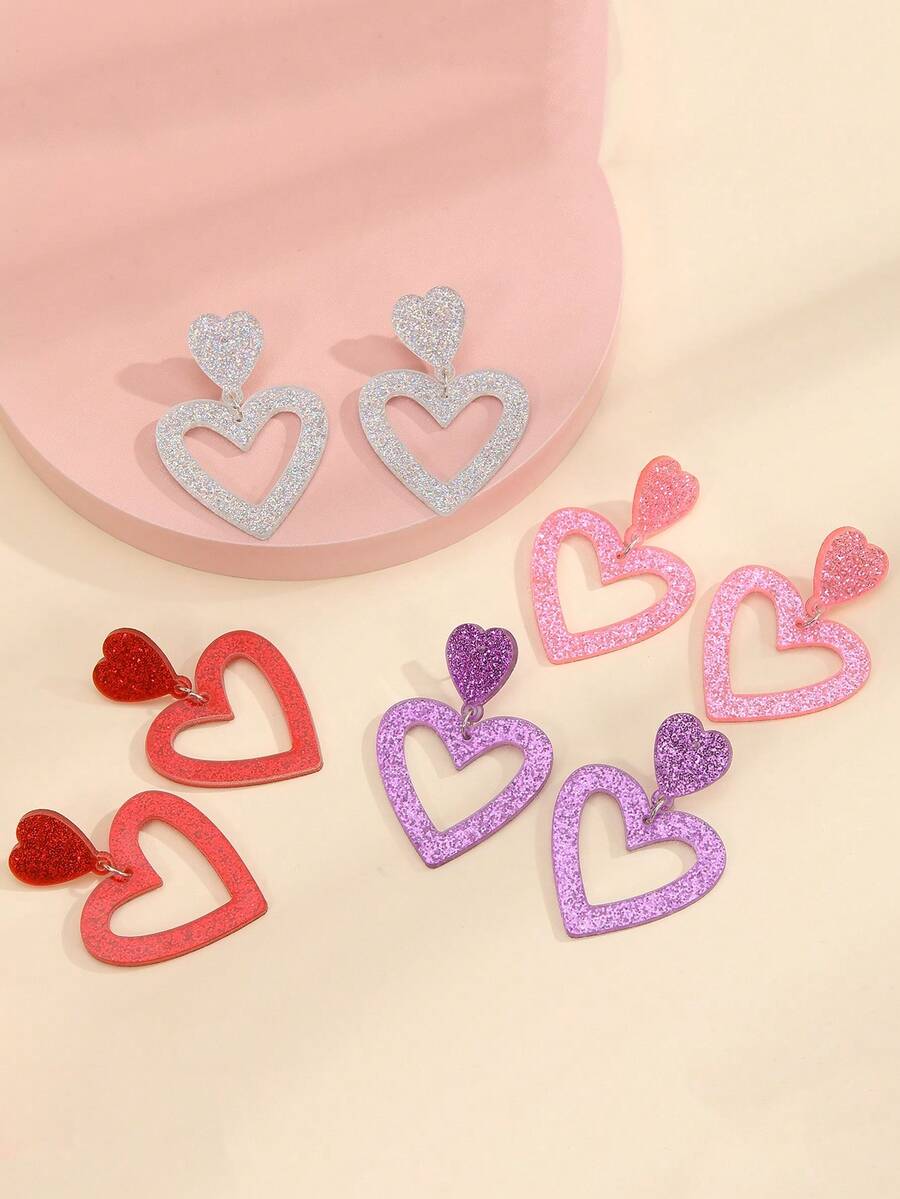 Aretes de gota con corazones dobles de colores brillantes (8 colores), arilicos brillantes con corazones huecos para mujer y niña como regalo del Día de San Valentín