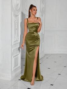 Elisanya Đầm dự tiệc cocktail hở lưng xẻ tà phía trước xếp nếp thanh lịch dành cho nữ - xanh quân đội - Xem 7