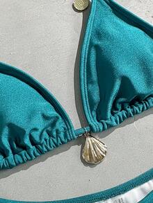 Bikinx Set de bikini cu cupă triunghiulară de vară pentru femei. Set de costum de baie pentru plajă - Verde albastrui - Vizualizare 2