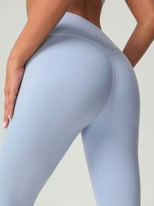 Women's Solid Color Front Seam Deep V Waist Tight Yoga Leggings For Running & Outdoor Sports - Màu xanh nhạt - Xem 6