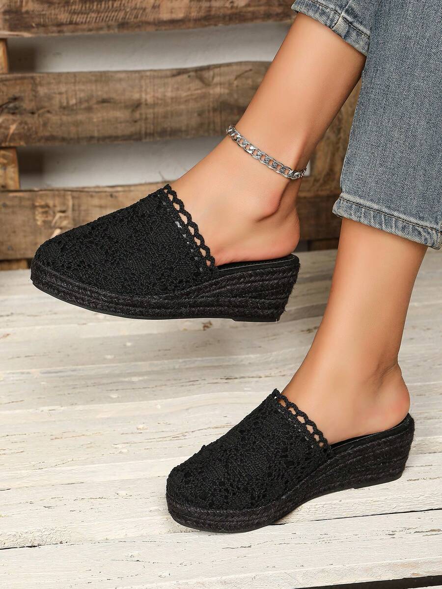 Breathable Lightweight Fashionable Rope Wedge Heel Women Shoes - Pure Black - View 1