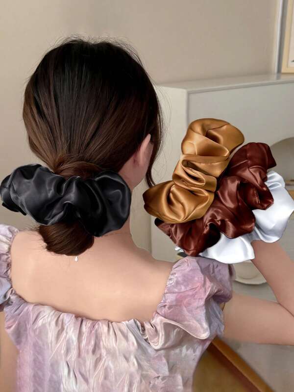 4pcs/1pc High-End Satin Hair Scrunchies For Women, 15.5cm/6.1in, Black, White, Khaki, Brown, Fashionable, Versatile, Elegant, Minimalist, Solid Color, Suitable For Daily Wear, Casual, Party, Commute, Beach, Vacation, Hairstyling, Ponytails, Buns, Washing Face, Makeup, Accessory Matching Hair Ties Scrunchy Hair Ties