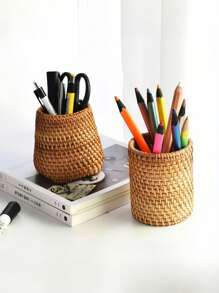 1 pieza Soporte de plumas multifuncional hecho a mano de material de ratán, soporte para plumas, almacenamiento de brochas de maquillaje, decoración de escritorio, apto para escritorios de oficina, aulas, regalos de cumpleaños, almacenamiento, decoración del hogar