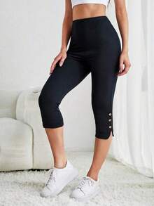 3pcs Women High Waist Elastic Skinny Pants - Fashionable Sportswear With Faux Button Detail, Moisture Wicking Polyester Fabric, 4-Way Stretch For Ultimate Comfort - Machine Washable - Multicolor - View 8