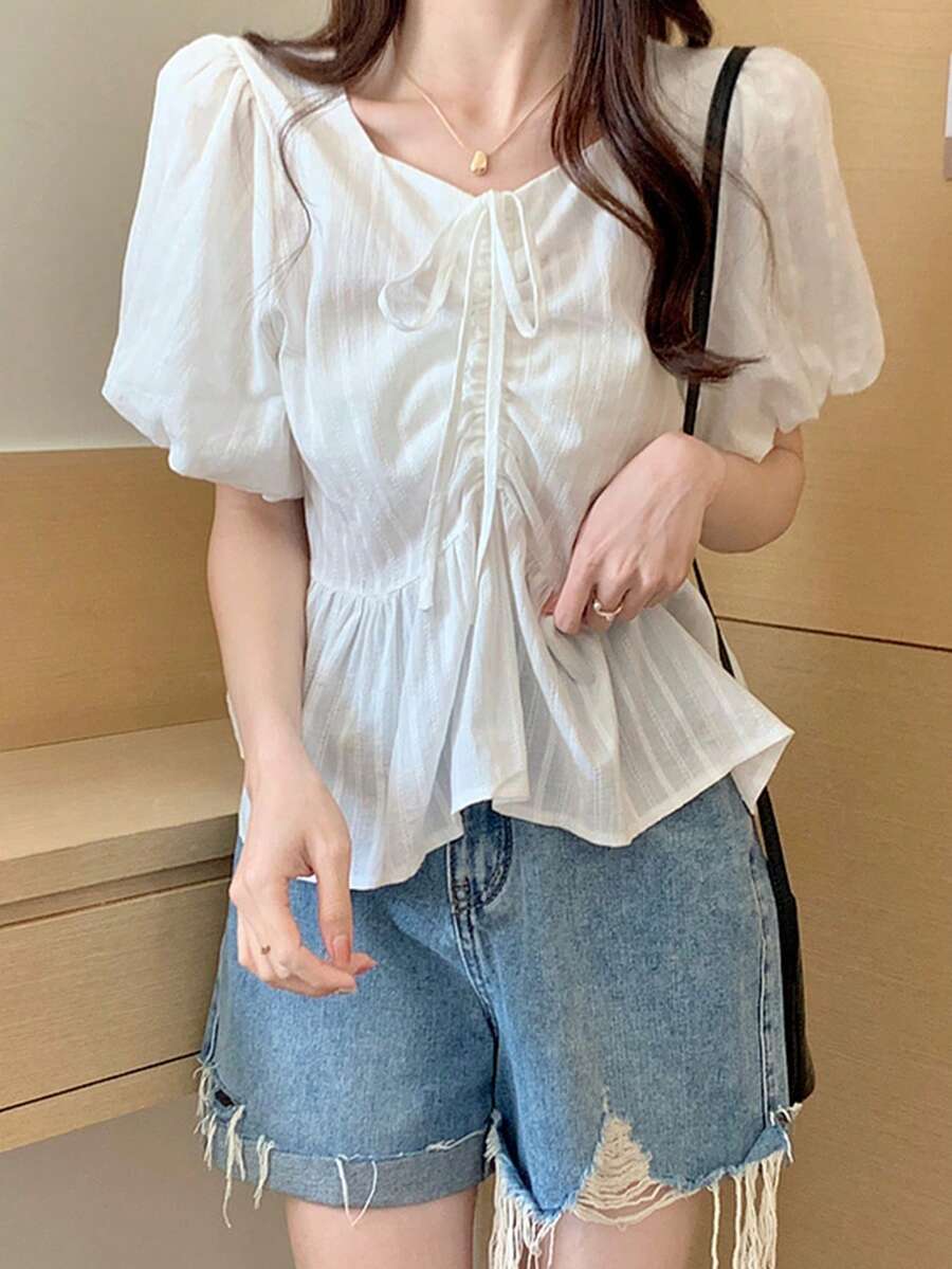 女士纯色简约短袖休闲衬衫上衣 白色 夏季 - 白色 - 查看 1