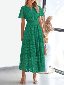 Womens Summer Maxi Dress Short Sleeve V Neck Hollow Out Eyelet A Line Long Flowy Beach Vacation Dresses - màu xanh đậm - Xem 4