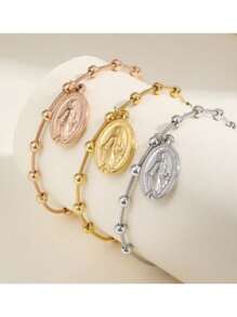 1pc 18K Gold Vacuum Electroplated Stainless Steel Virgin Mary Rosary Beads Chain Gold Bracelet For Women, Summer, Christian.